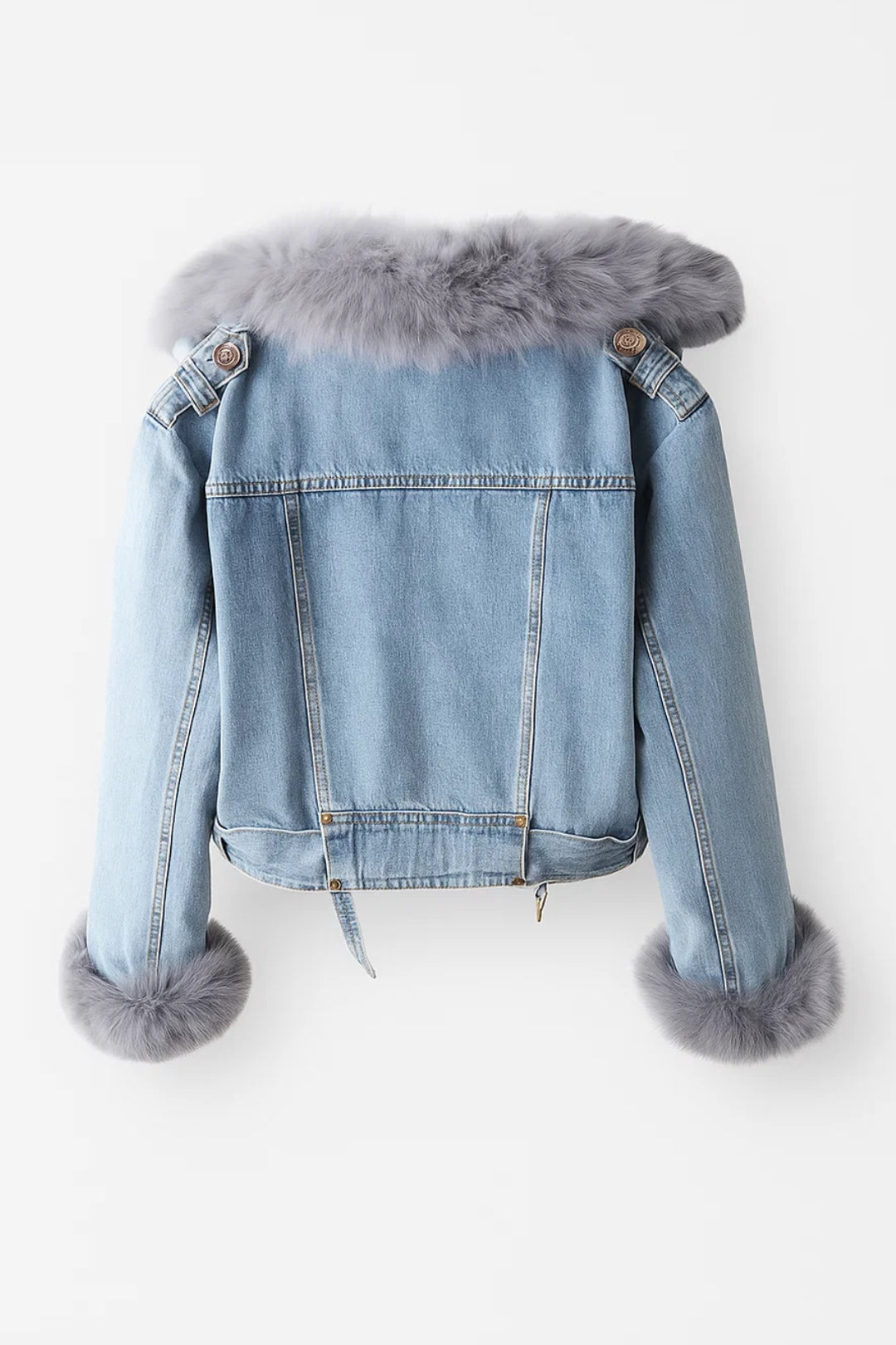 Giacca corta in denim con colletto in eco pelliccia
