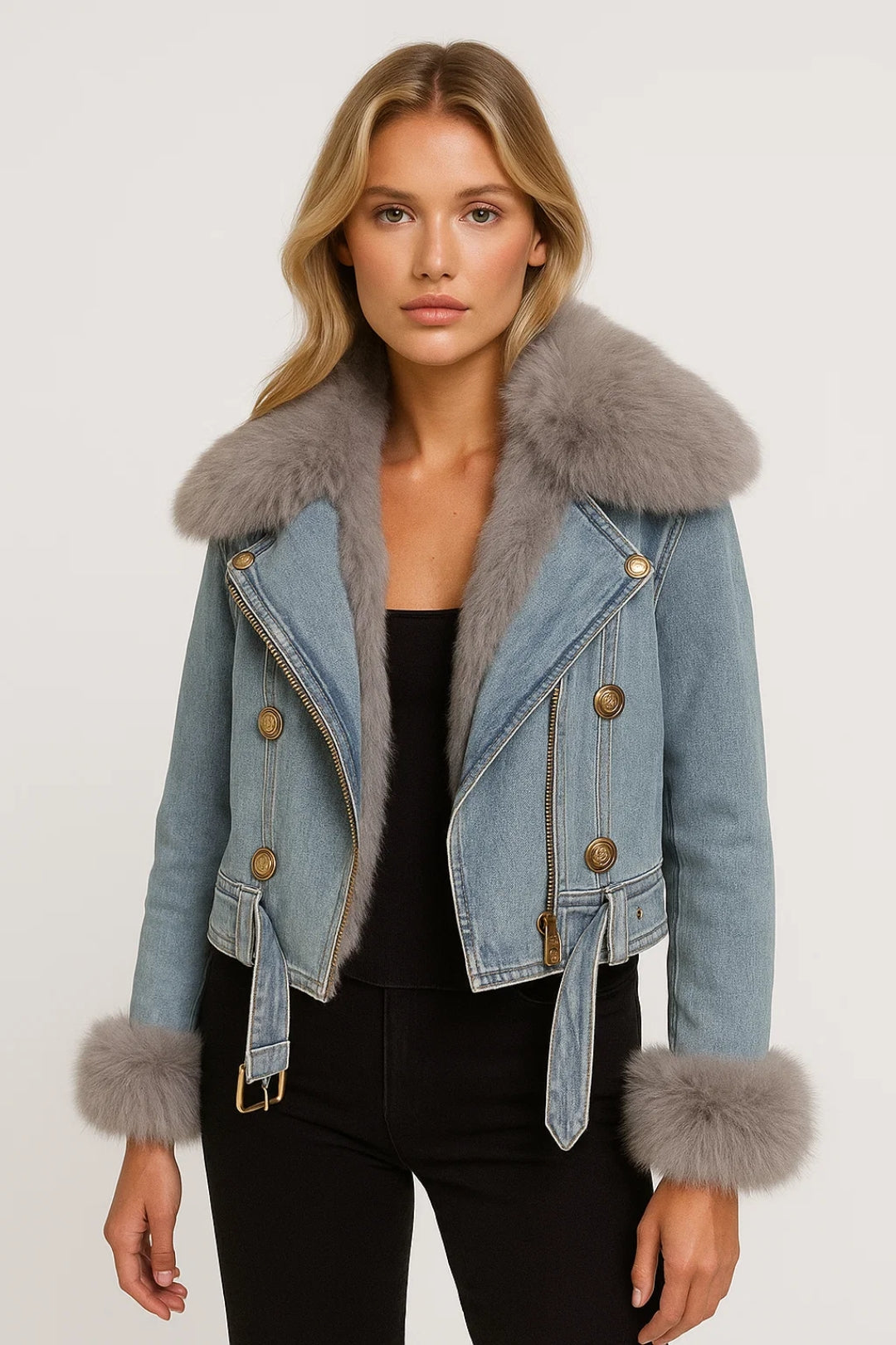 Giacca corta in denim con colletto in eco pelliccia