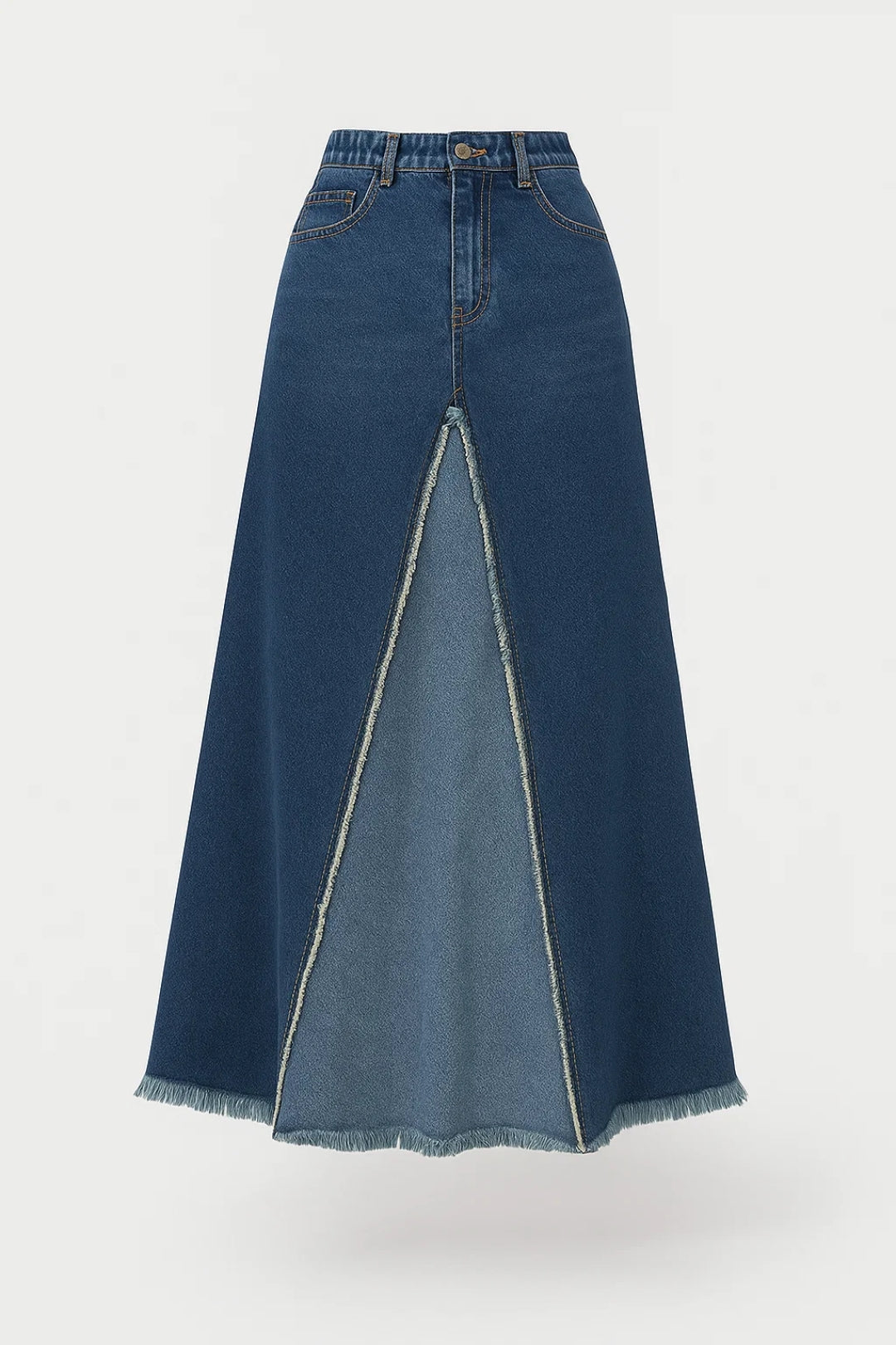 Gonna lunga in denim con inserto frontale a contrasto