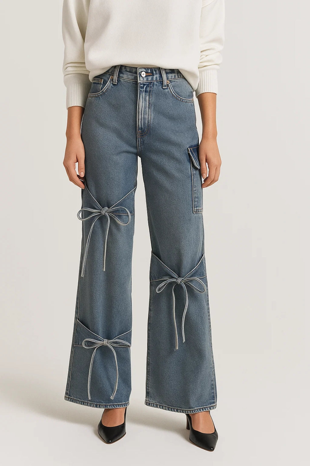 Jeans a gamba larga con fiocchi decorativi