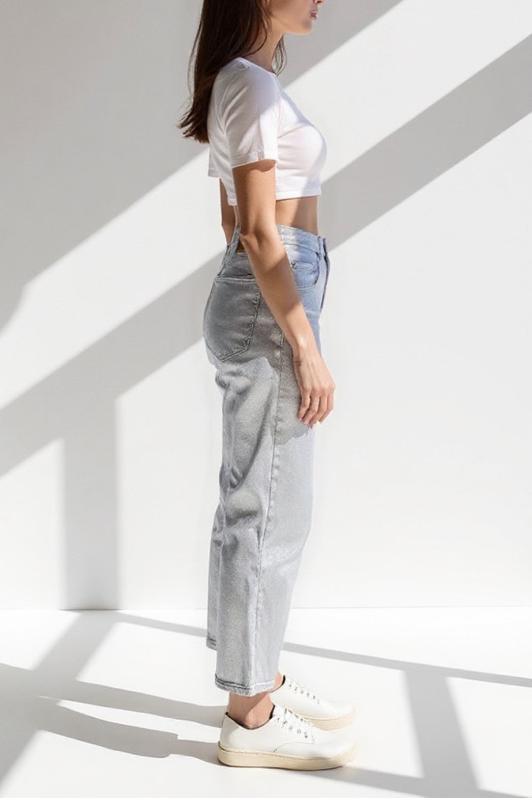 Jeans dritti argentati | Vita alta | Effetto lucido metallizzato