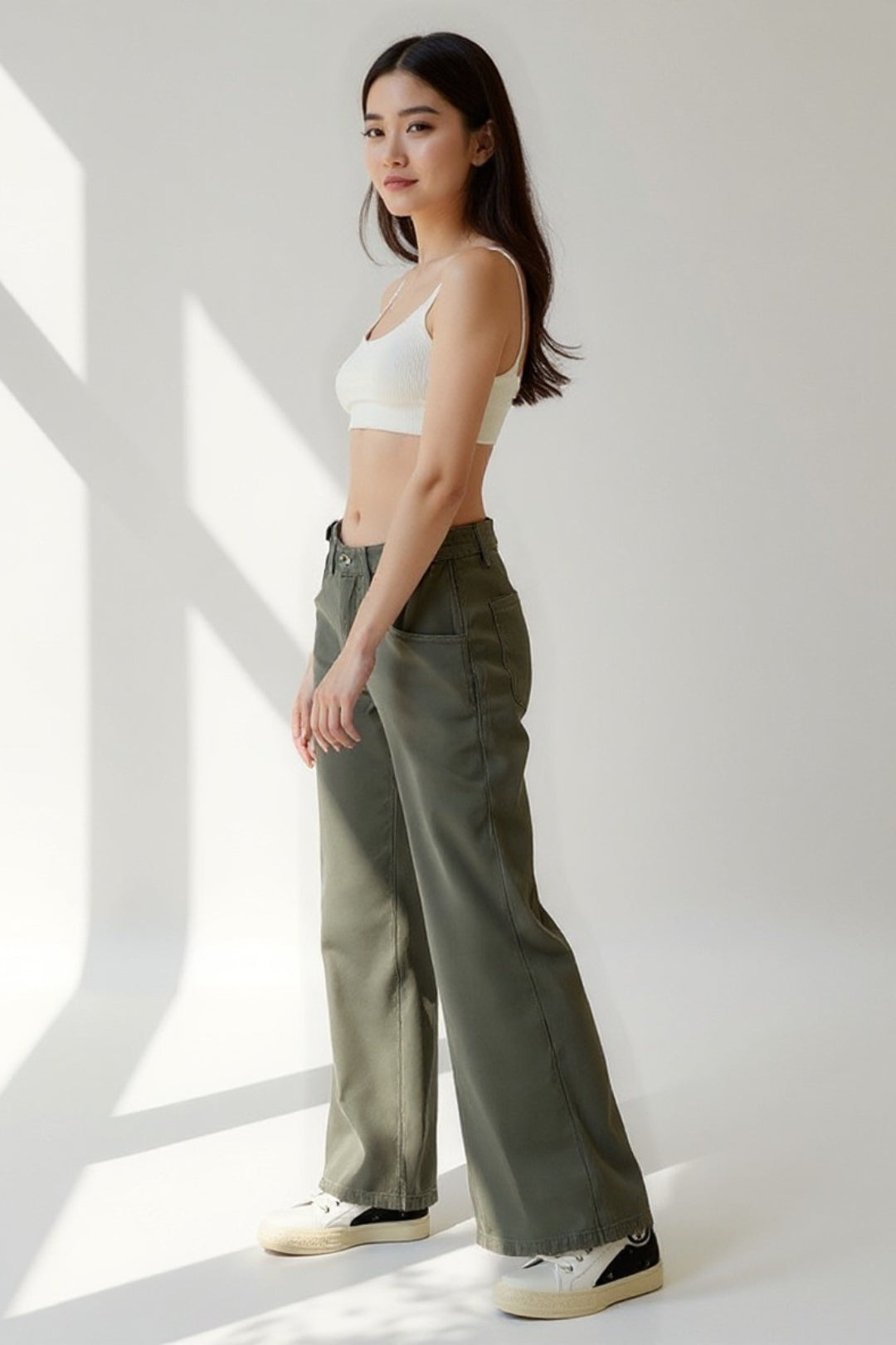 Pantaloni a gamba larga in cotone | Vita media | Stile casual con tasche arricciate