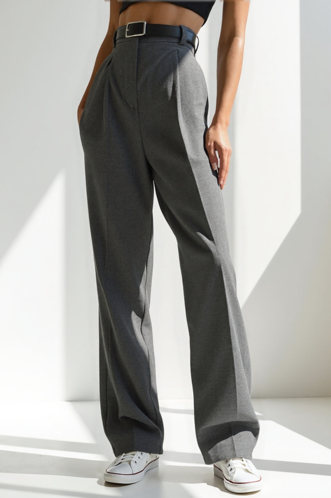 Pantaloni a gamba larga in tessuto misto | Vita alta con cintura | Eleganti e comodi