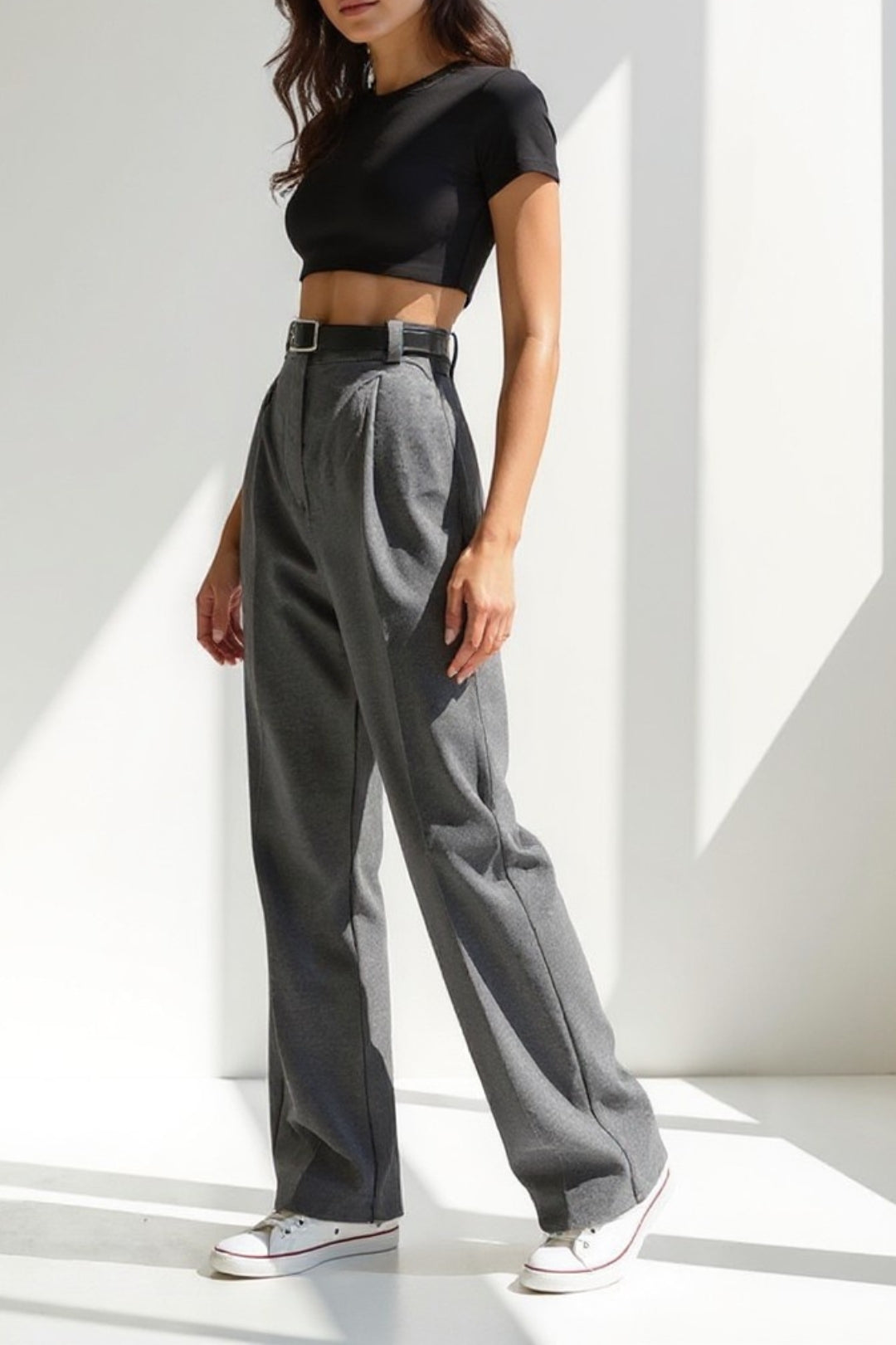 Pantaloni a gamba larga in tessuto misto | Vita alta con cintura | Eleganti e comodi