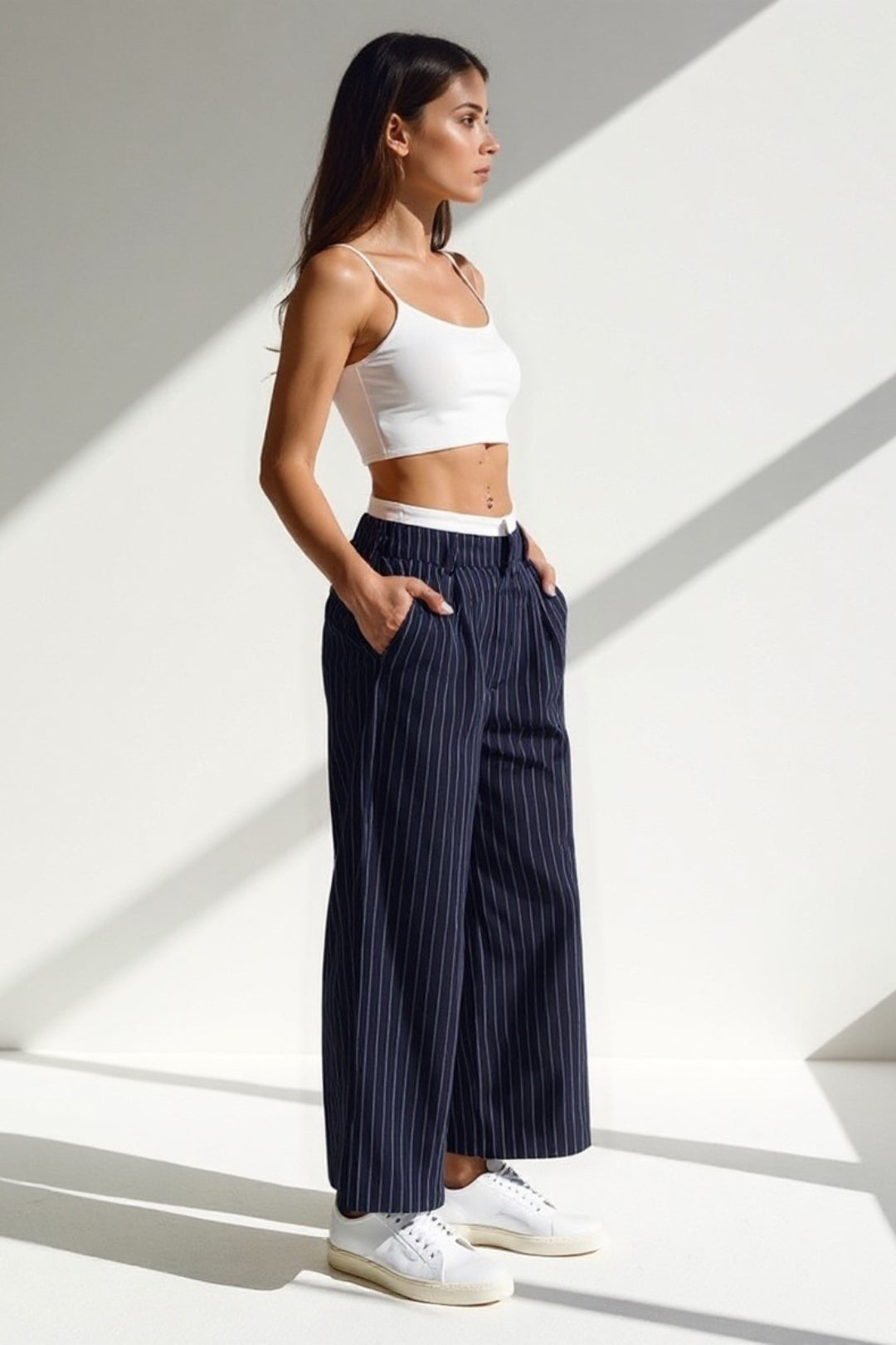 Pantaloni a righe verticali | Vita media | Gamba ampia e taglio dritto
