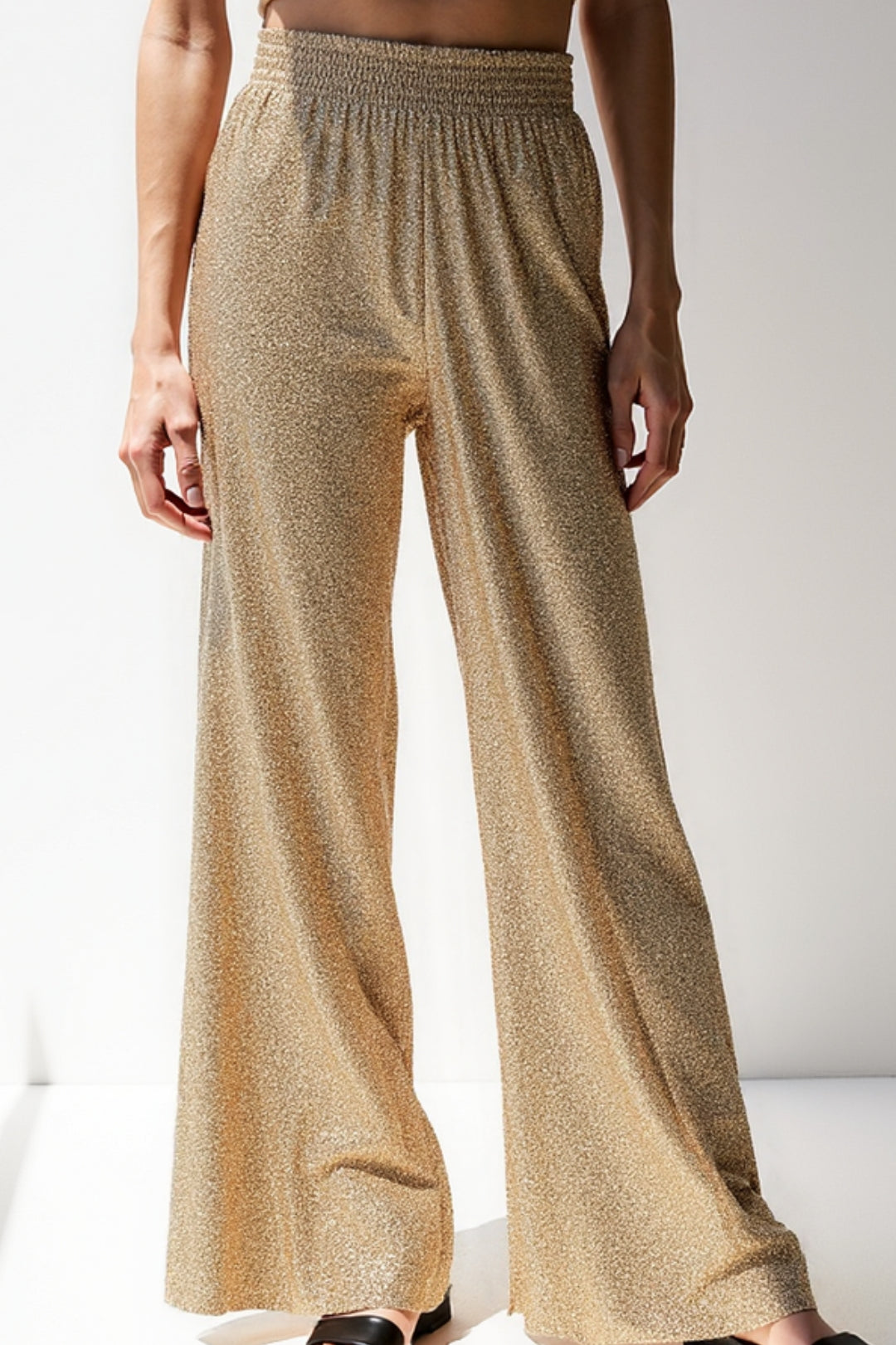 Pantaloni a zampa con glitter metallizzati | Vita alta elasticizzata | Look da sera scintillante
