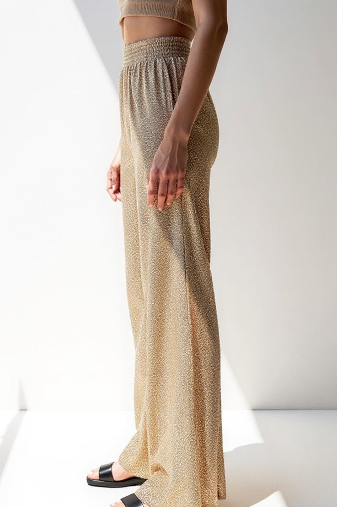 Pantaloni a zampa con glitter metallizzati | Vita alta elasticizzata | Look da sera scintillante