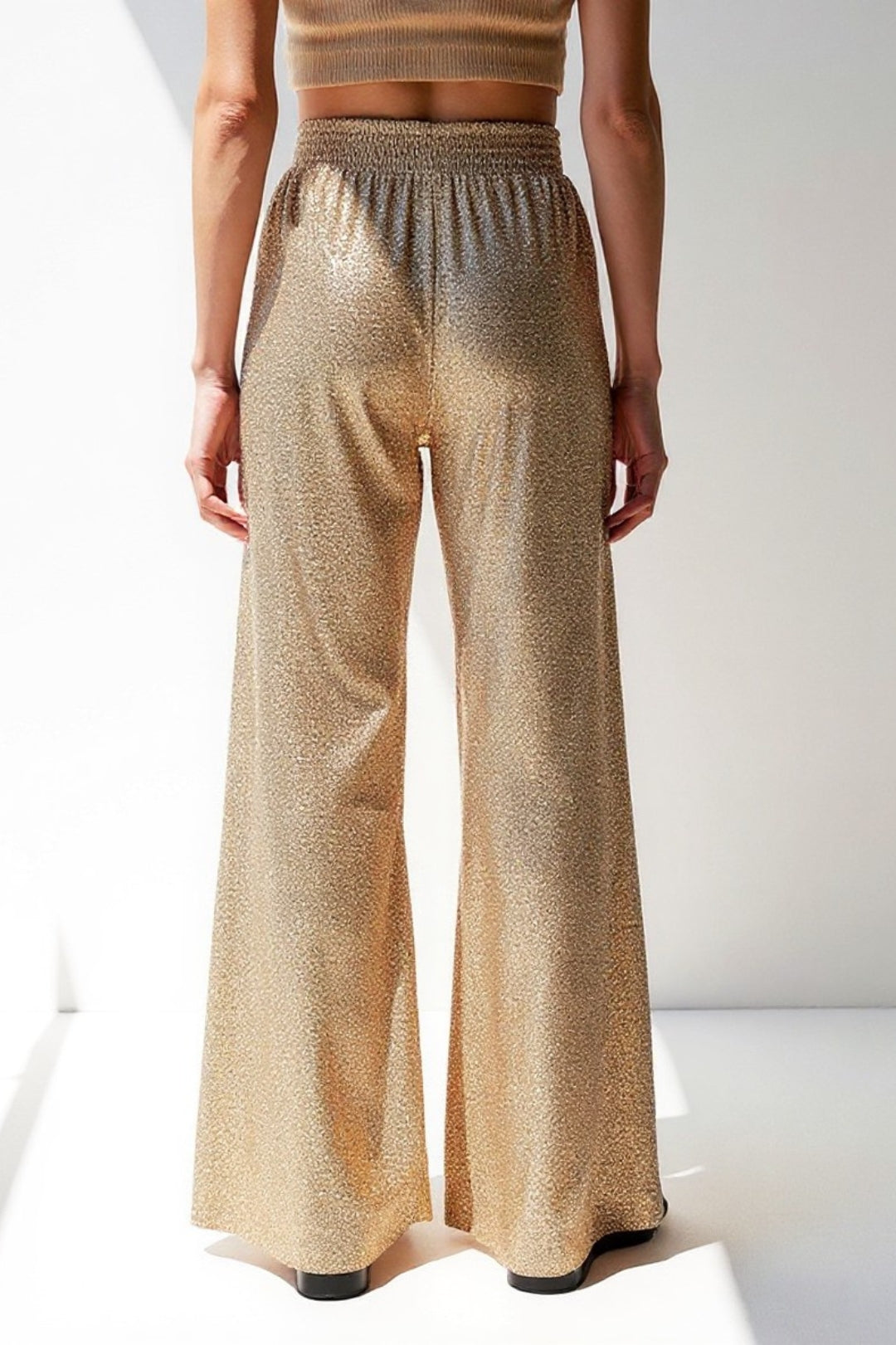 Pantaloni a zampa con glitter metallizzati | Vita alta elasticizzata | Look da sera scintillante