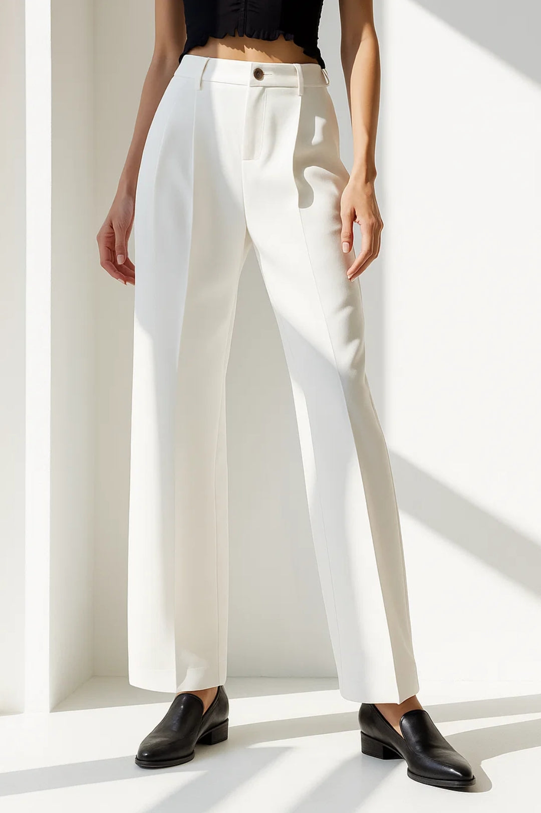 Pantaloni eleganti a gamba dritta | Bianco panna | Vita media