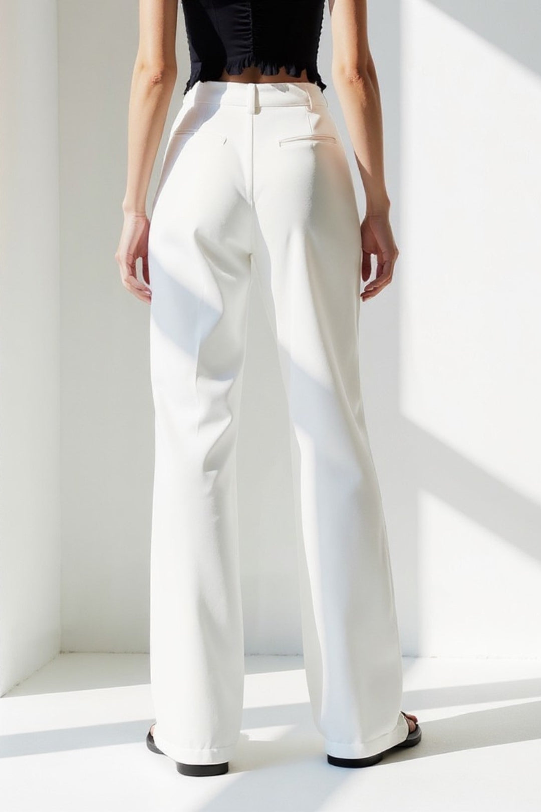 Pantaloni eleganti a gamba dritta | Bianco panna | Vita media