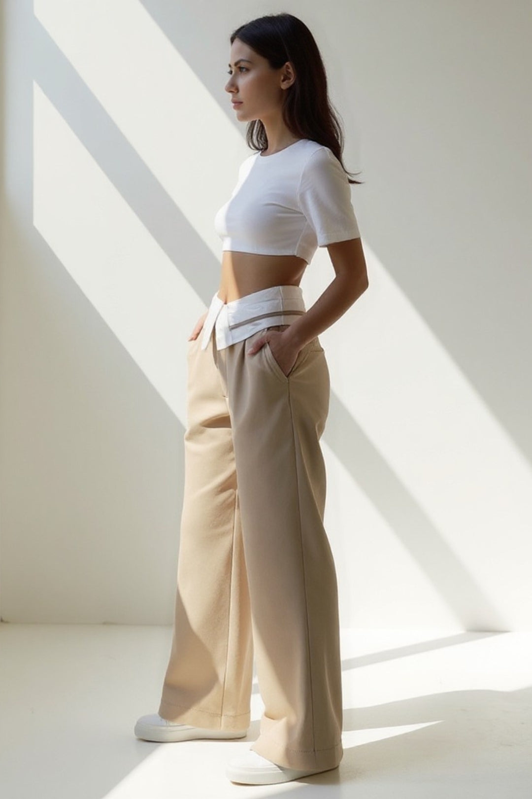 Pantaloni larghi con dettaglio in vita effetto camicia | Vita bassa | Stile urban chic