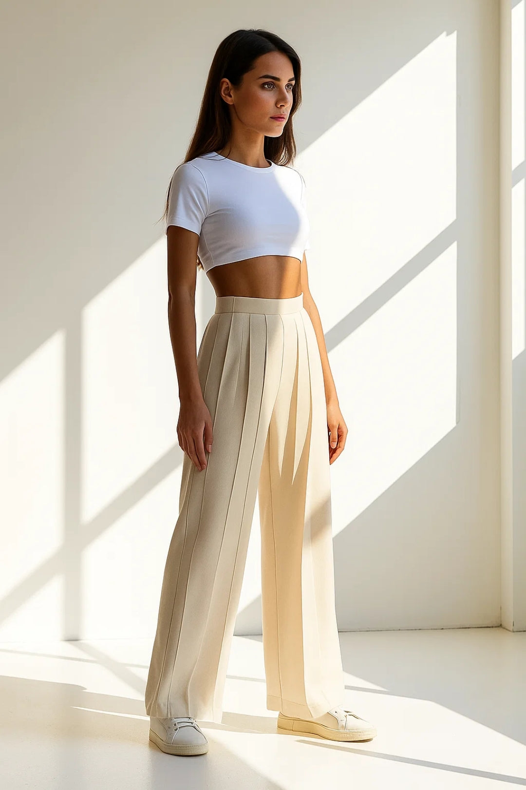 Pantaloni palazzo a pieghe verticali | Vita alta liscia | Eleganza minimalista