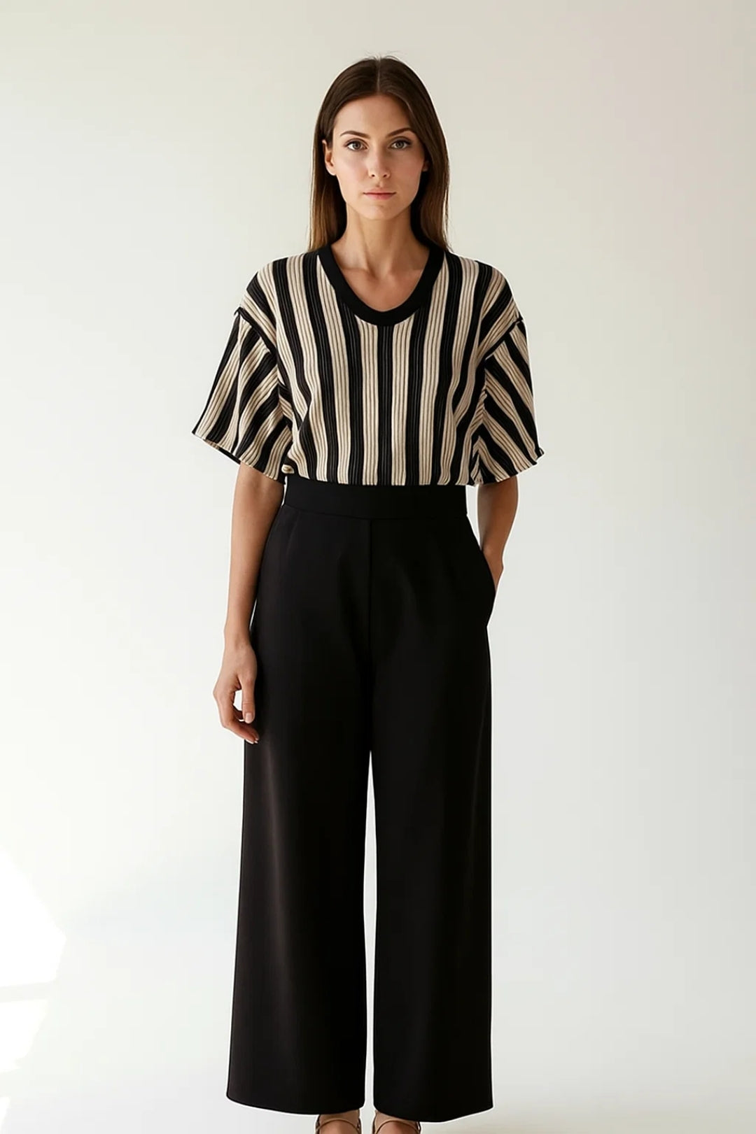 Set coordinato a righe con pantaloni ampi | Blusa fluida e vita alta