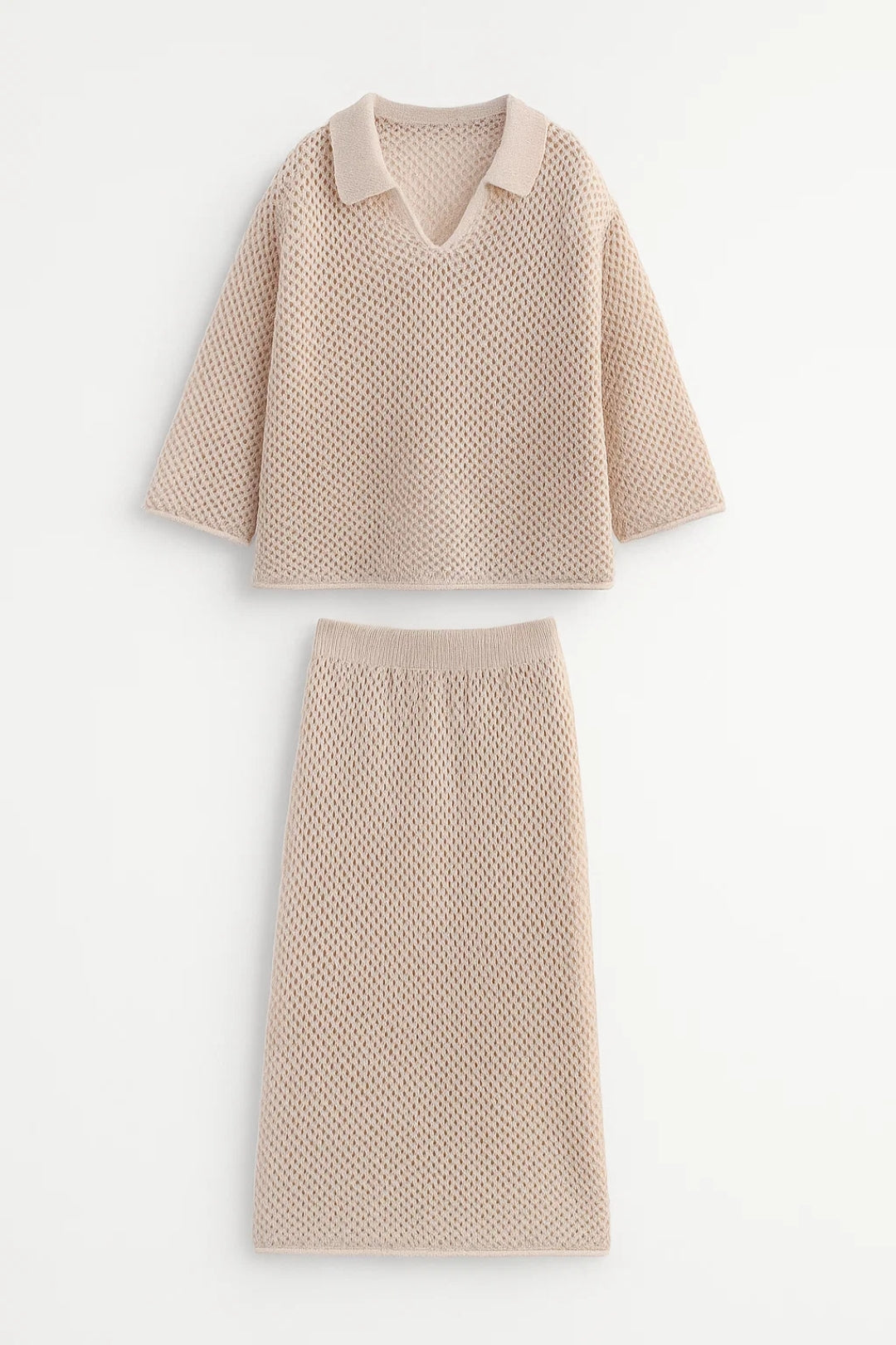 Set maglia traforata con colletto e gonna coordinata | Stile casual e raffinato