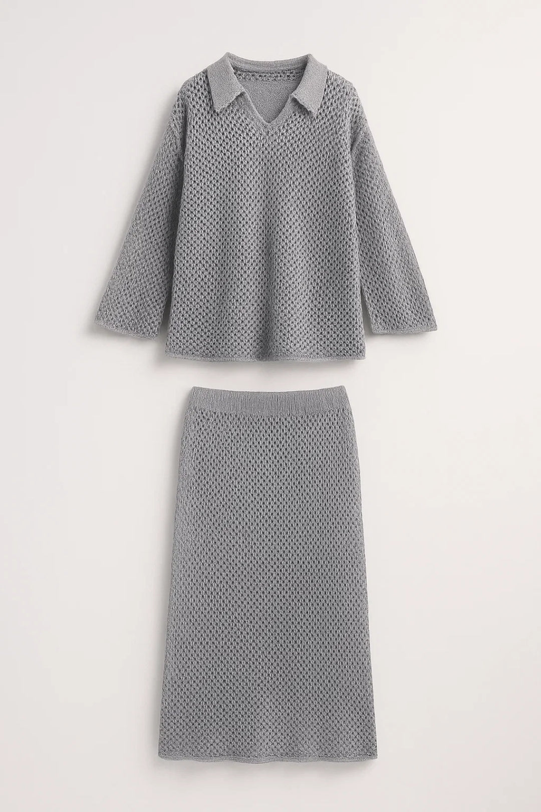 Set maglia traforata con colletto e gonna coordinata | Stile casual e raffinato