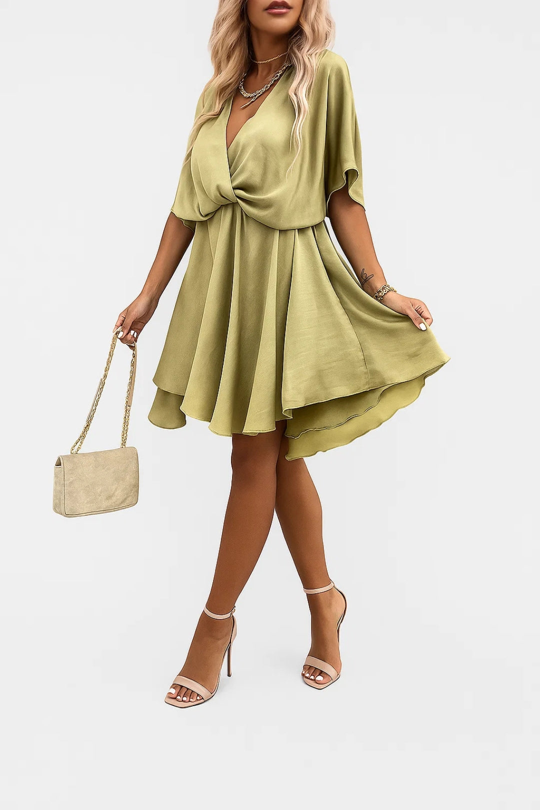Vestito Corto in Chiffon | Scollo a V con Nodo | Eleganza Leggera