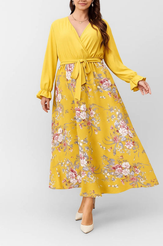 Vestito lungo con stampa floreale | Scollo a portafoglio e maniche lunghe