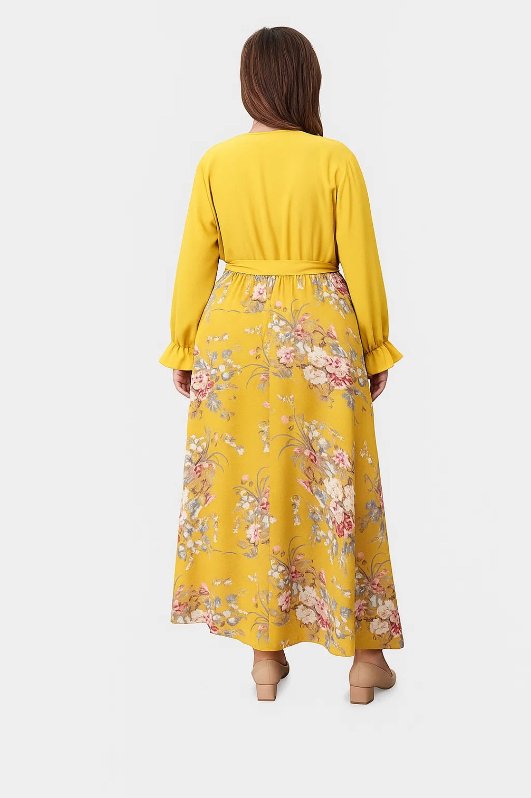 Vestito lungo con stampa floreale | Scollo a portafoglio e maniche lunghe