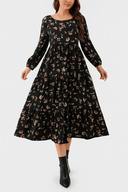 Vestito lungo con stampa floreale | Maniche lunghe e gonna ampia a balze