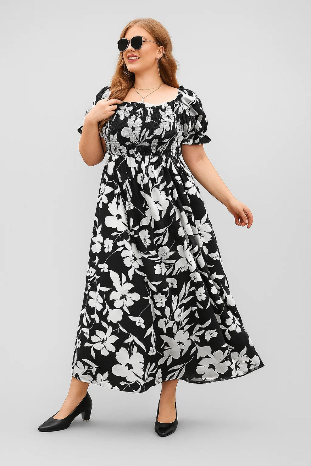 Vestito lungo con stampa floreale | Scollo quadrato e maniche a palloncino