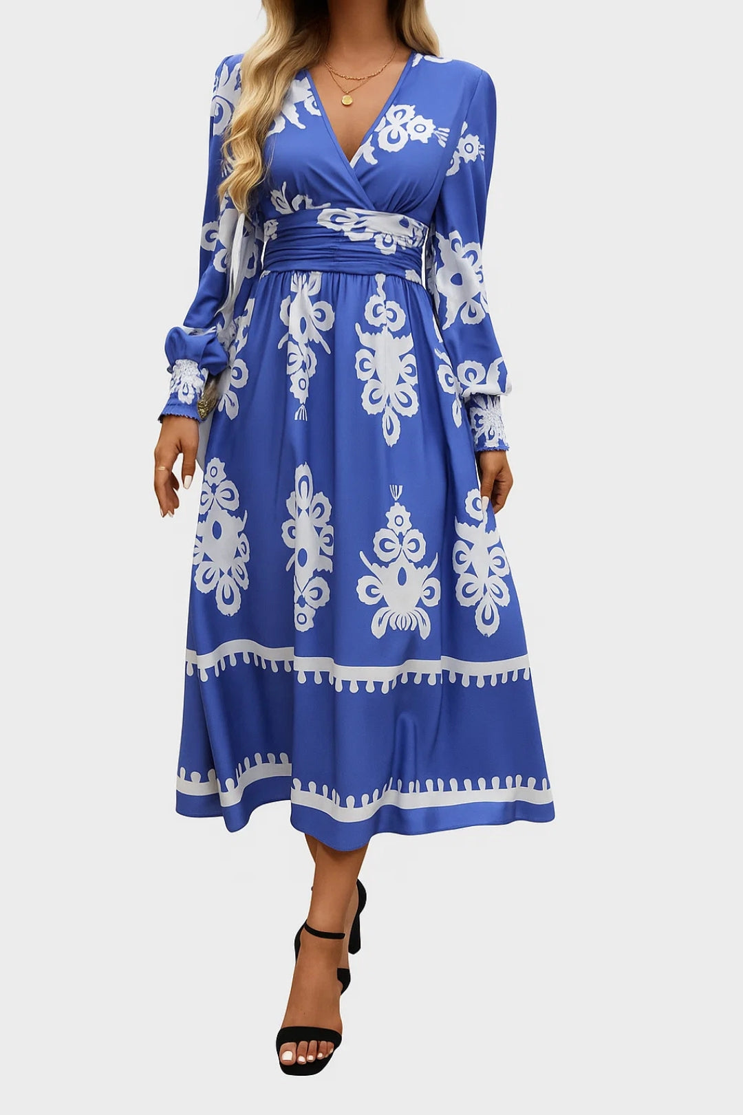 Vestito midi con stampa geometrica | Scollo a portafoglio e maniche lunghe