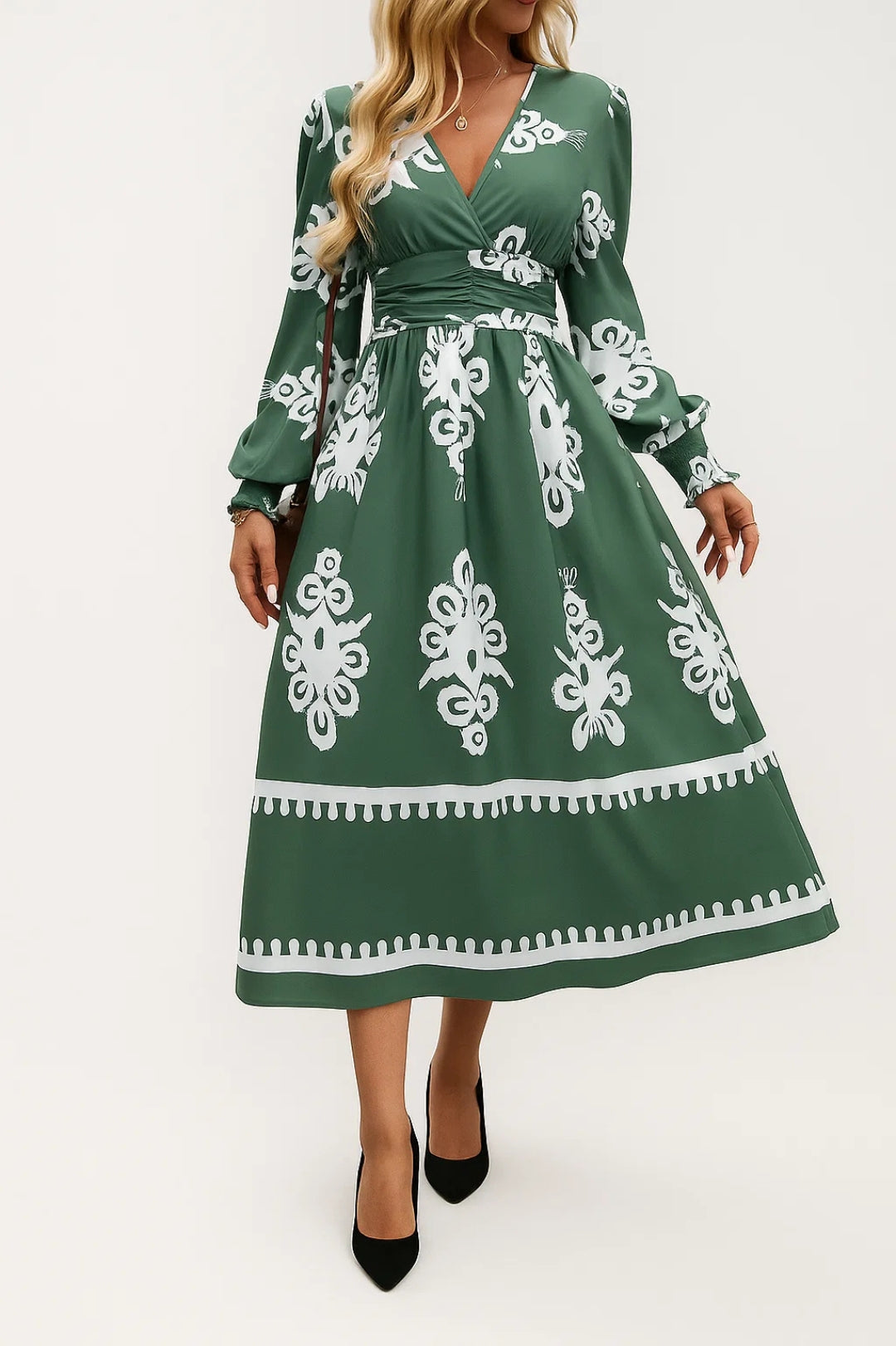 Vestito midi con stampa geometrica | Scollo a portafoglio e maniche lunghe