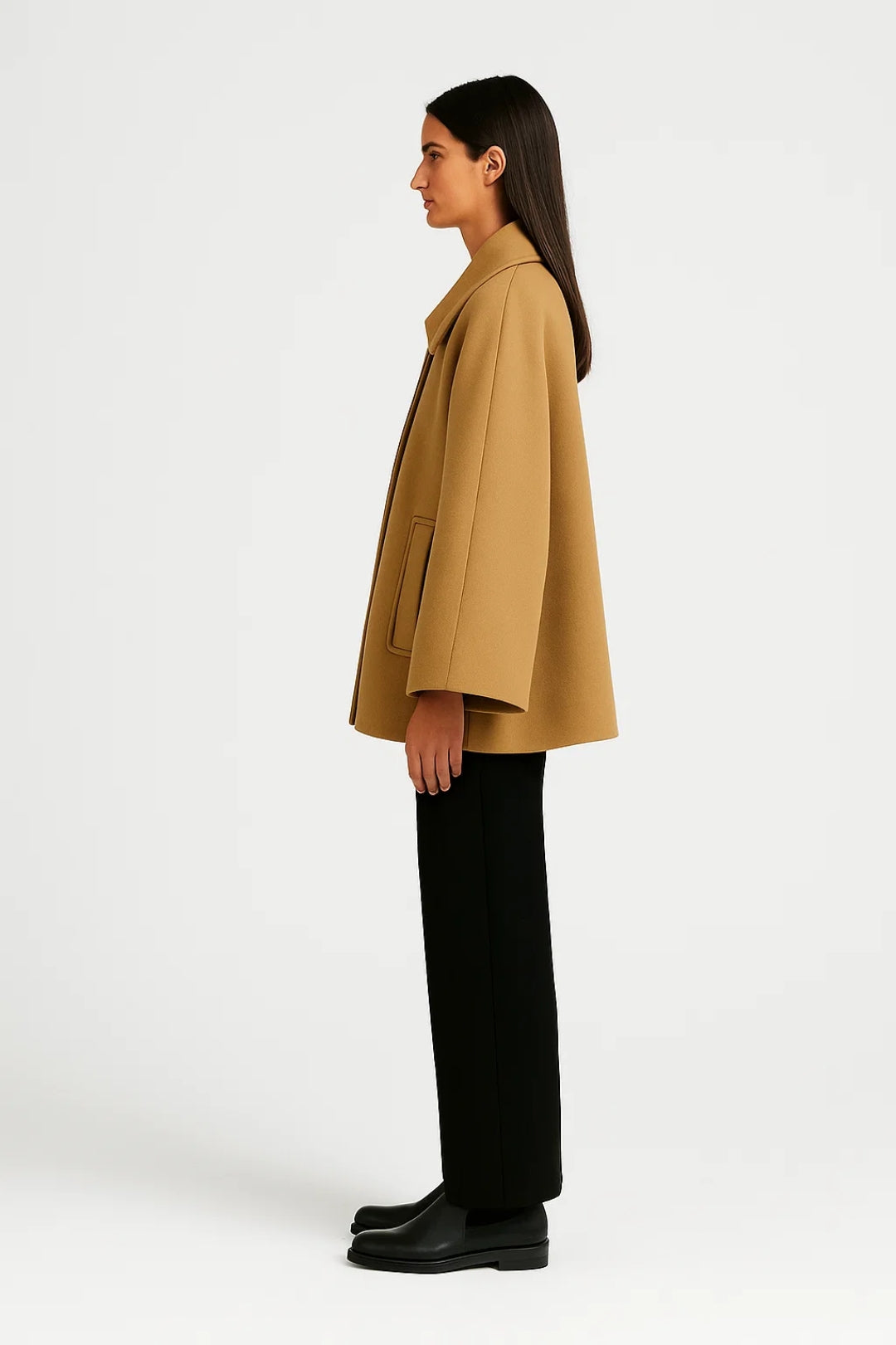 Cappotto corto a trapezio con collo ampio | Disponibile in grigio, verde oliva e cammello