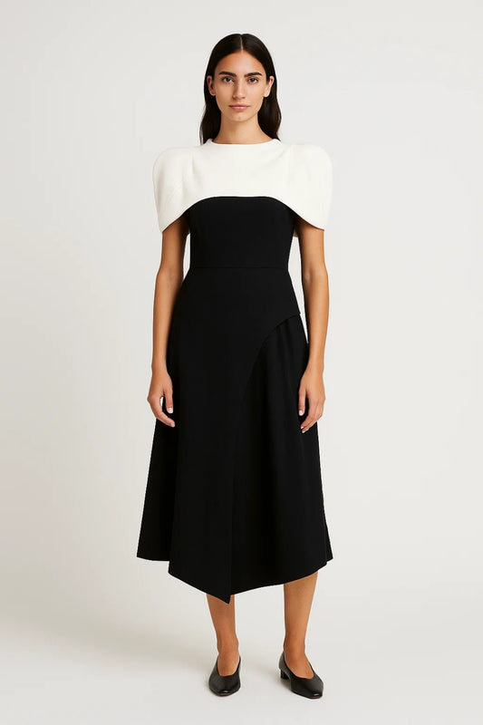 Abito Midi Bicolore | Nero e Bianco | Taglio Asimmetrico Elegante