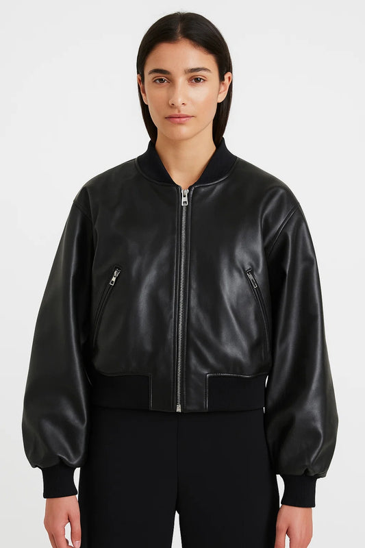Bomber corto in ecopelle nera | Stile urbano con zip