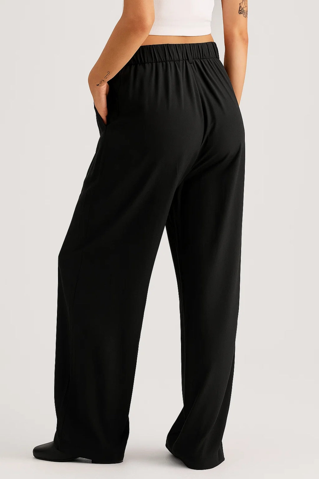 Pantalone elegante nero a gamba larga | Vita alta | Taglio sartoriale fluido