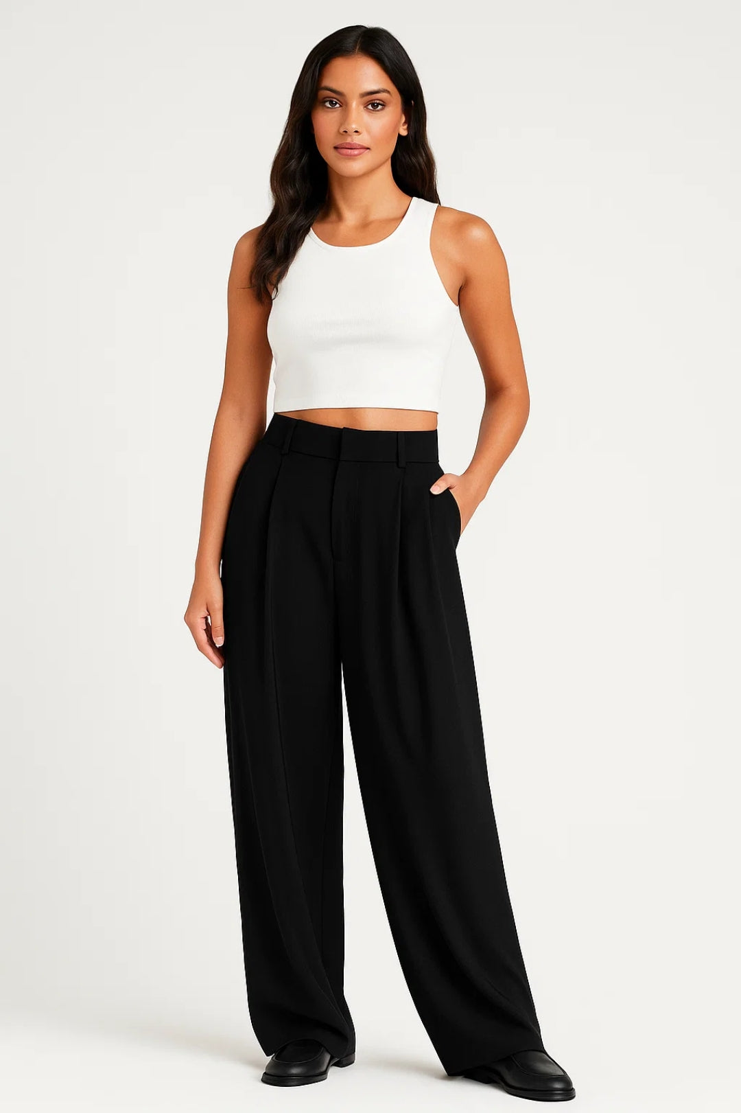 Pantalone elegante nero a gamba larga | Vita alta | Taglio sartoriale fluido