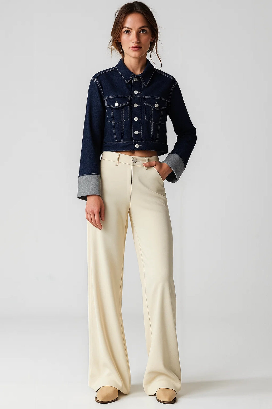 Giacca corta in denim scuro | Stile casual con bottoni a contrasto
