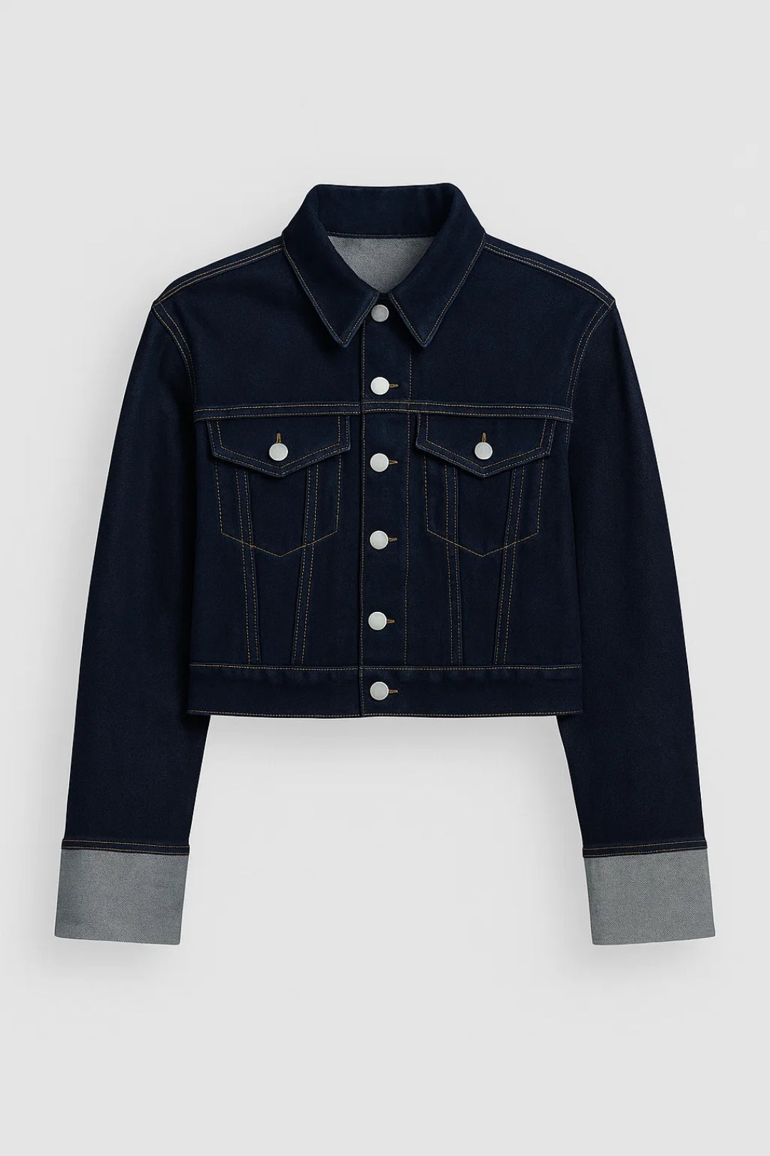 Giacca corta in denim scuro | Stile casual con bottoni a contrasto