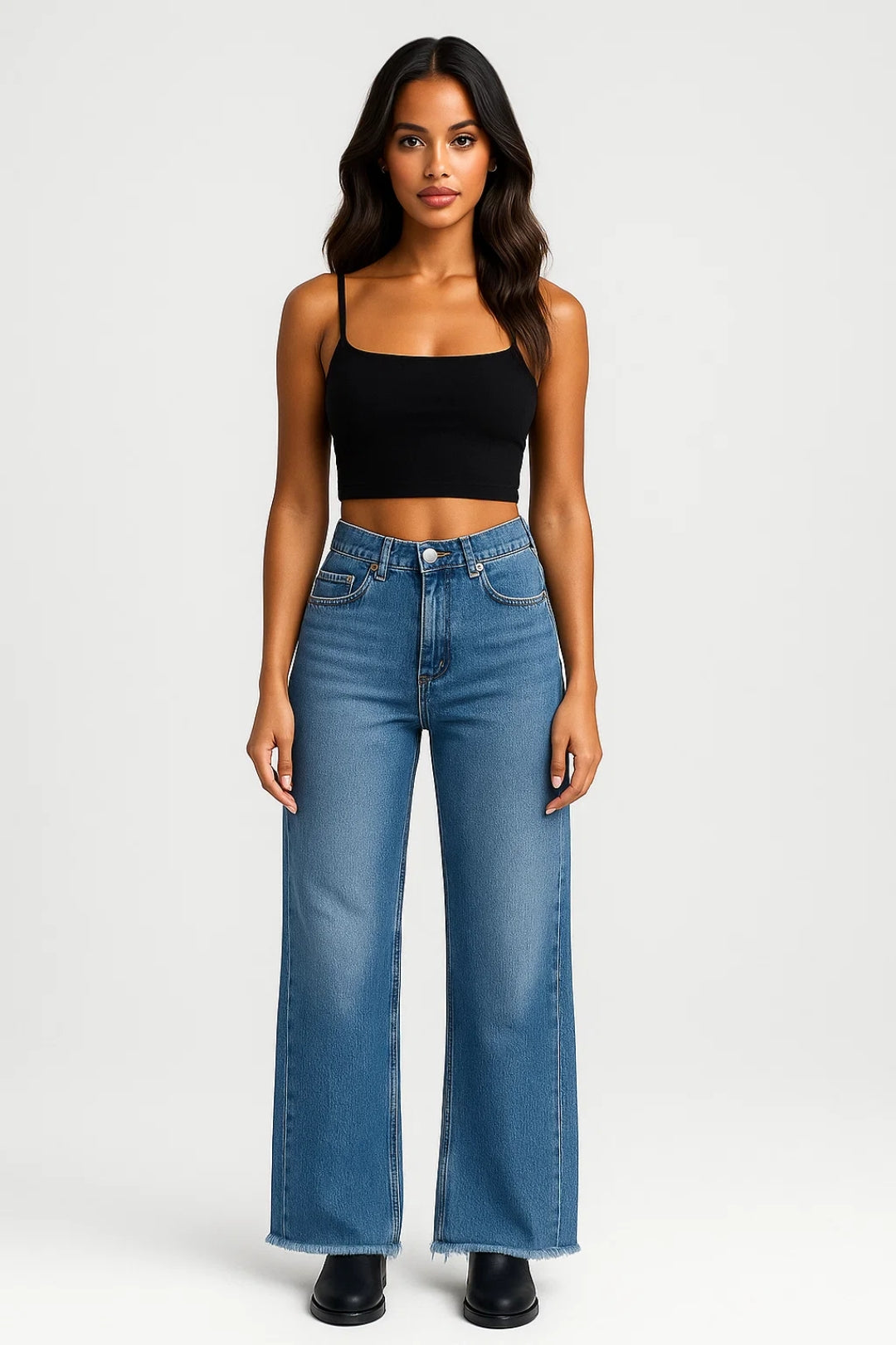 Jeans a vita alta con fondo sfrangiato e gamba ampia | Stile casual con carattere