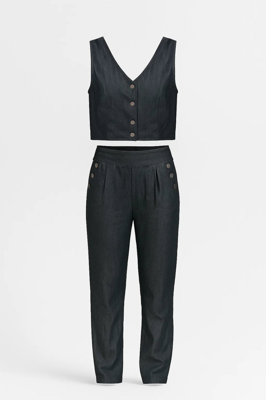 Completo blu navy elegante | Top corto con bottoni dorati e pantaloni dritti