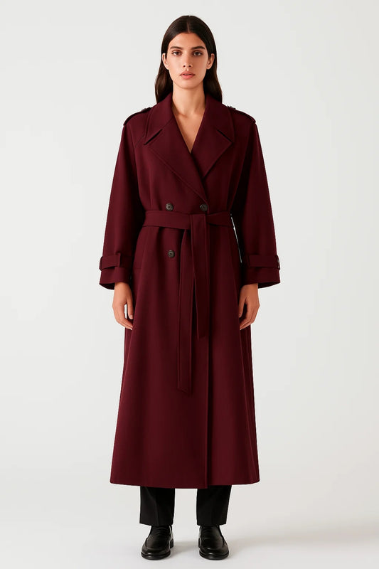 Cappotto lungo doppiopetto con cintura | Rosso bordeaux