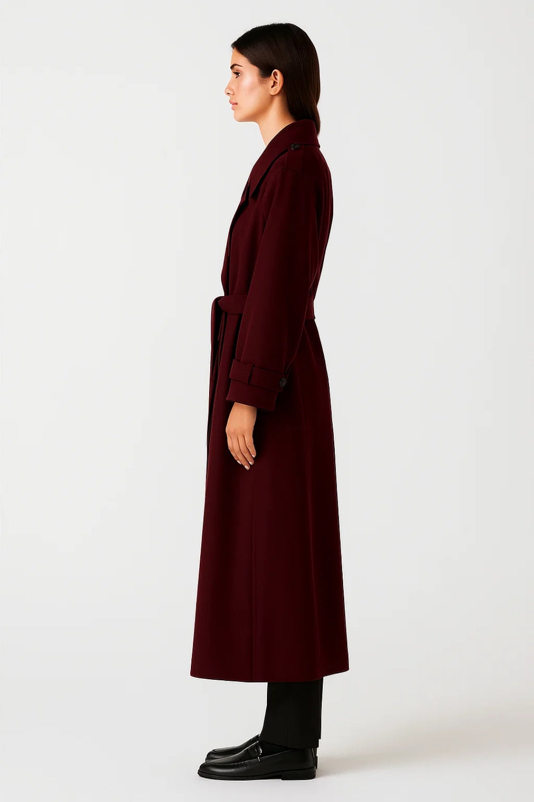 Cappotto lungo doppiopetto con cintura | Rosso bordeaux