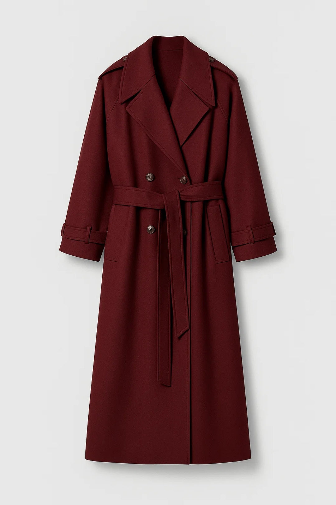 Cappotto lungo doppiopetto con cintura | Rosso bordeaux
