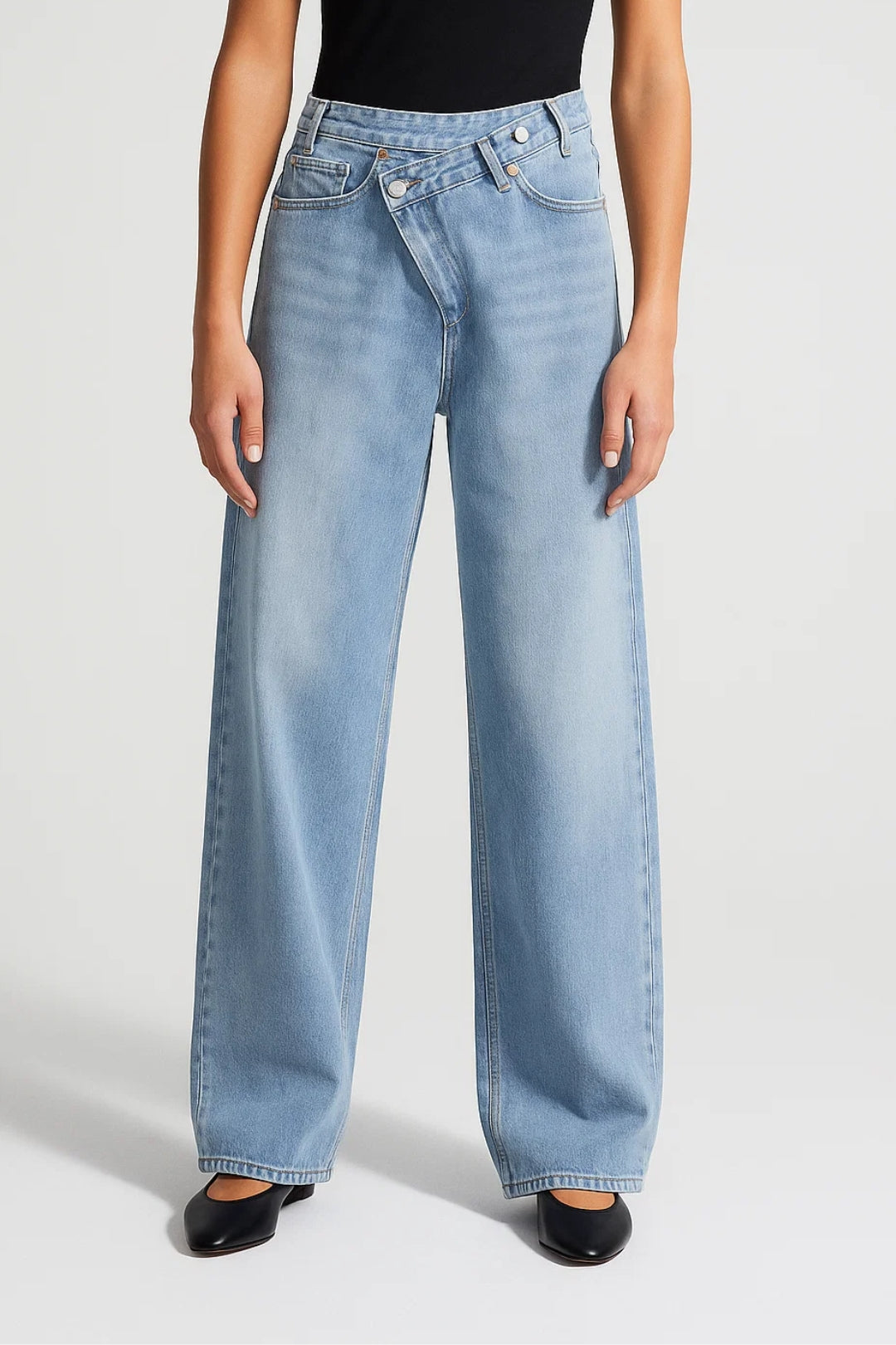 Jeans a gamba larga con chiusura asimmetrica | Vita alta | Denim blu scuro o chiaro