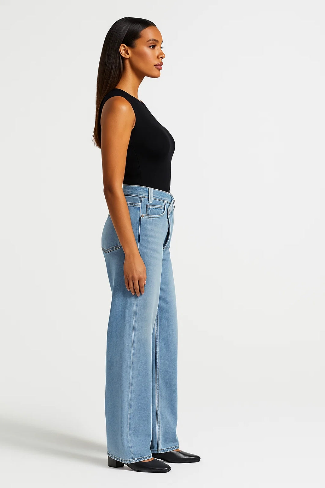 Jeans a gamba larga con chiusura asimmetrica | Vita alta | Denim blu scuro o chiaro