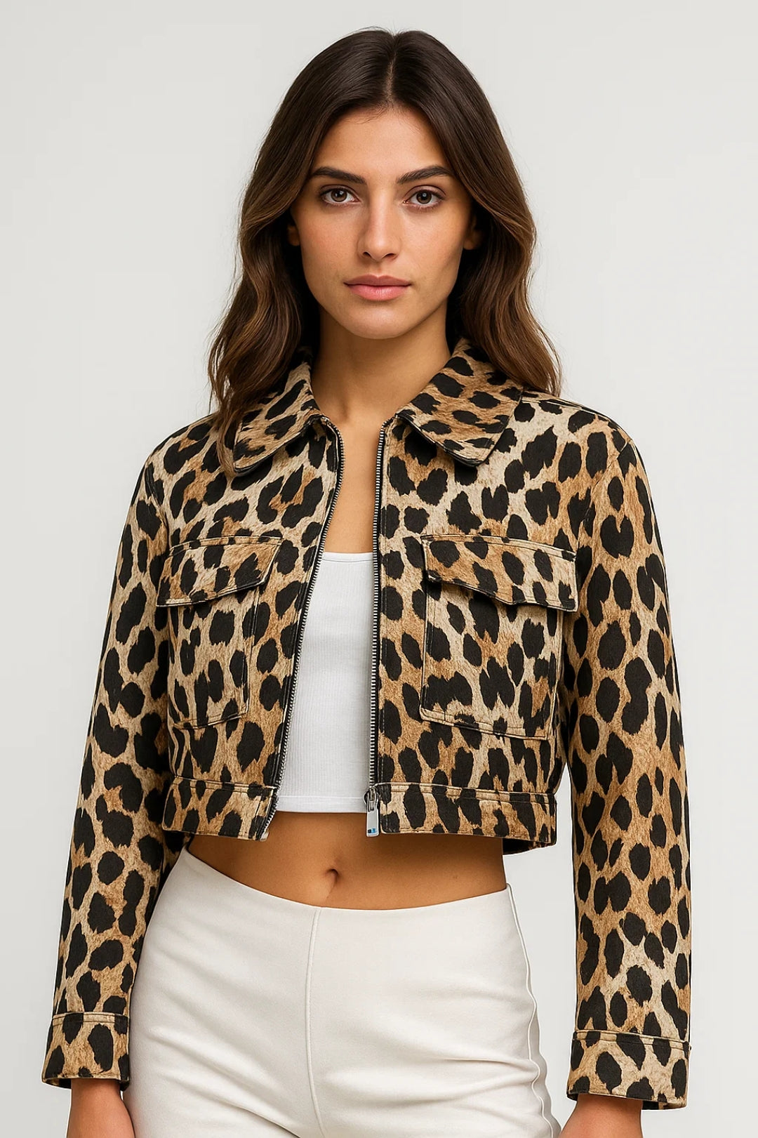 Giacca corta animalier con zip frontale e tasche applicate
