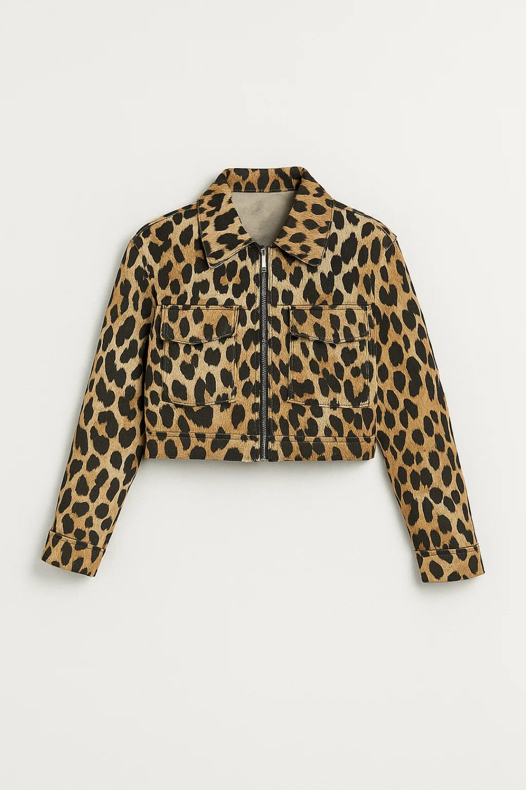 Giacca corta animalier con zip frontale e tasche applicate