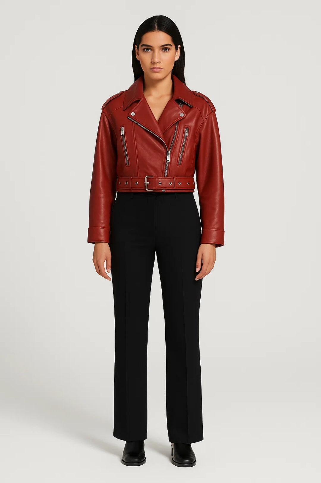 Giacca biker corta in ecopelle | Design strutturato | Chiusura con cintura