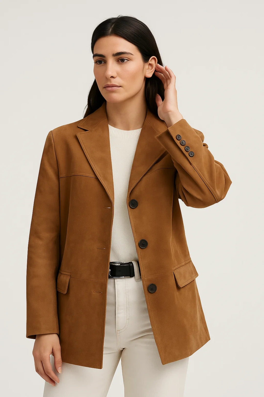 Blazer lungo marrone con tasche e bottoni frontali