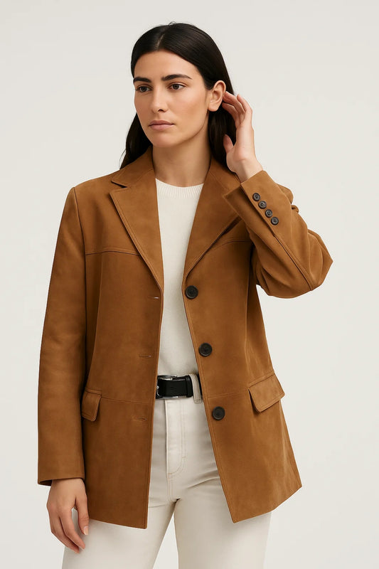 Blazer lungo marrone con tasche e bottoni frontali