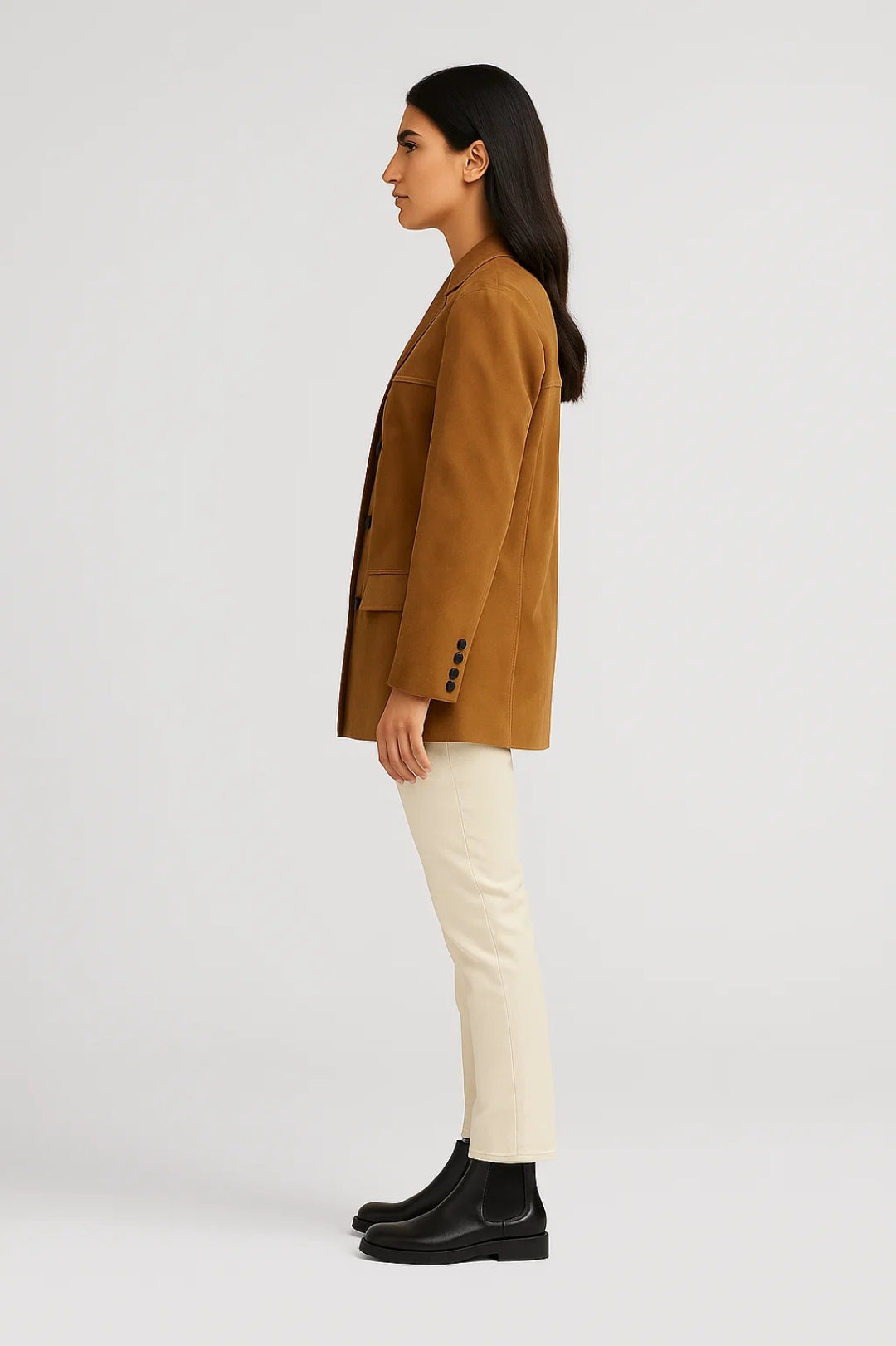 Blazer lungo marrone con tasche e bottoni frontali