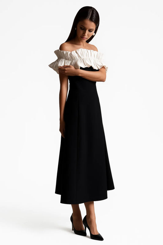 Abito Bardot Midi | Bicolore | Elegante e Strutturato