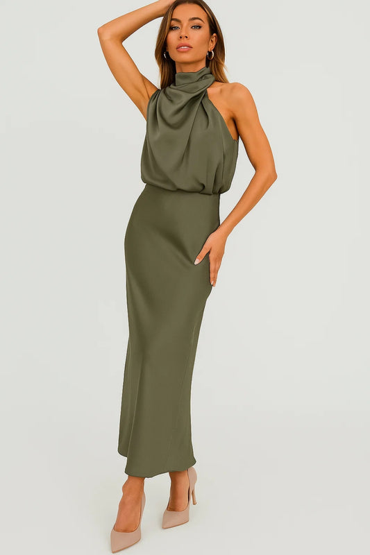 Abito Lungo Satinato | Collo Drappeggiato | Eleganza Moderna