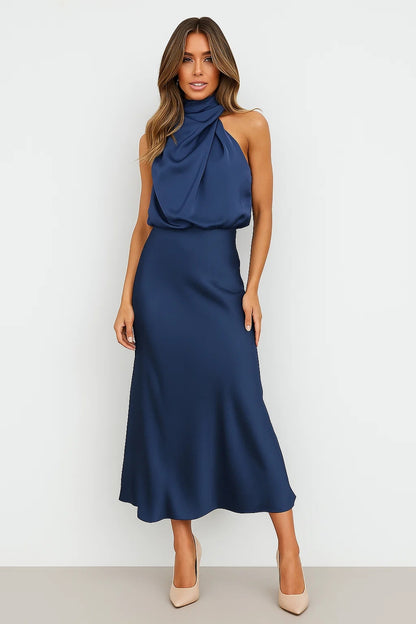 Abito Lungo Satinato | Collo Drappeggiato | Eleganza Moderna