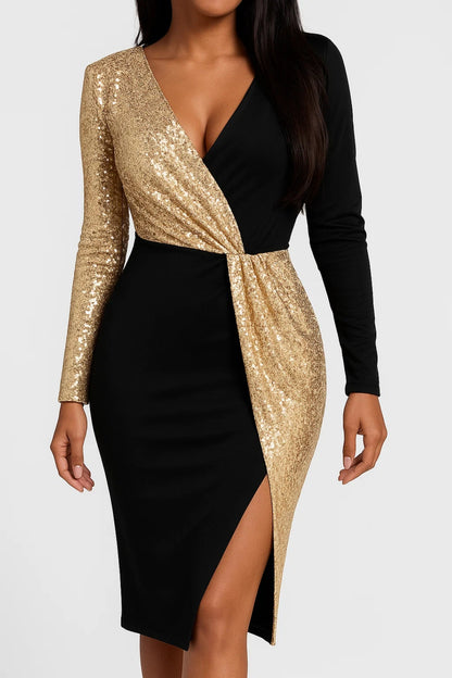 Abito Midi Elegante | Paillettes Dorate & Velluto Nero | Look Glamour da Sera